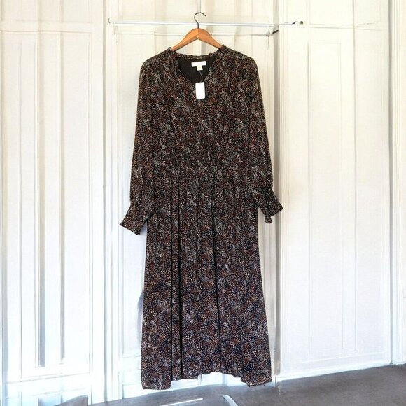 CJ Banks Prairie Maxi Dress Beige Black Brown White Dot Print Smocked Cuffs Sz2X - Picture 1 of 8
